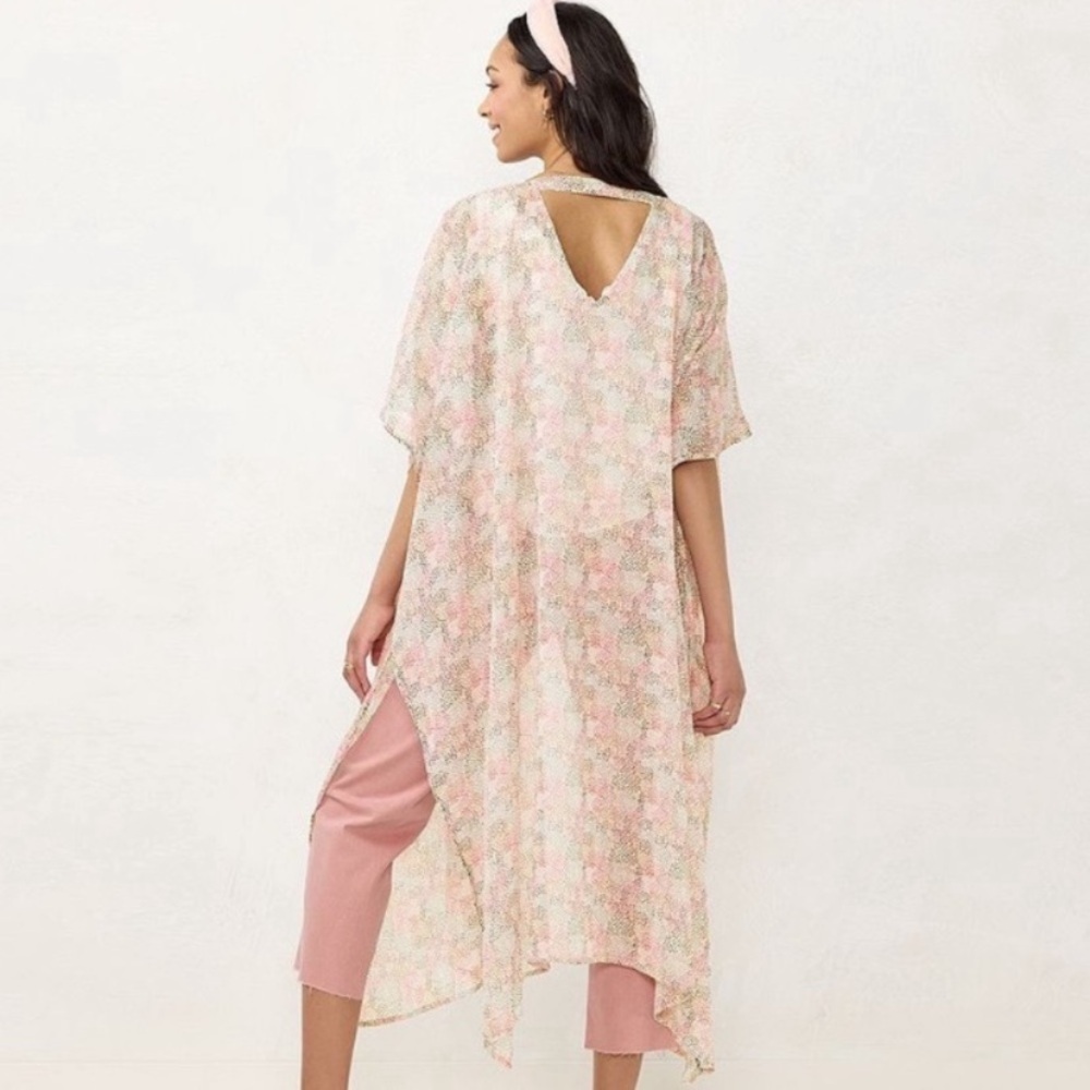 #50 NWT LC Lauren Conrad Boho Navy Blue Floral Sheer Duster Kimono Swim Cover-Up - Picture 4 of 4
